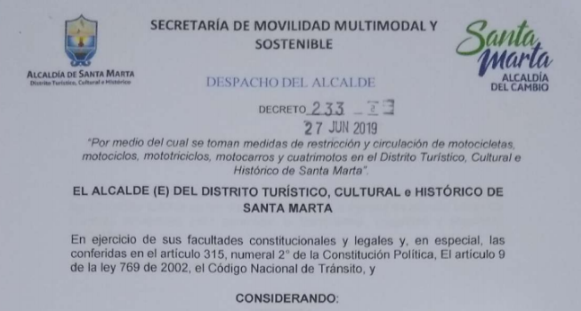 Alcaldía de Santa Marta adopta medida de restricción de circulación de motos el día 28 de junio, entre las cuatro de la tarde hasta las doce de la noche
